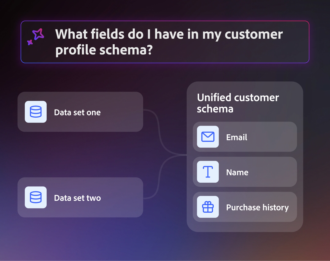 Coworker Chat unifying two data sets into a customer profile schema with email, name, and purchase history fields